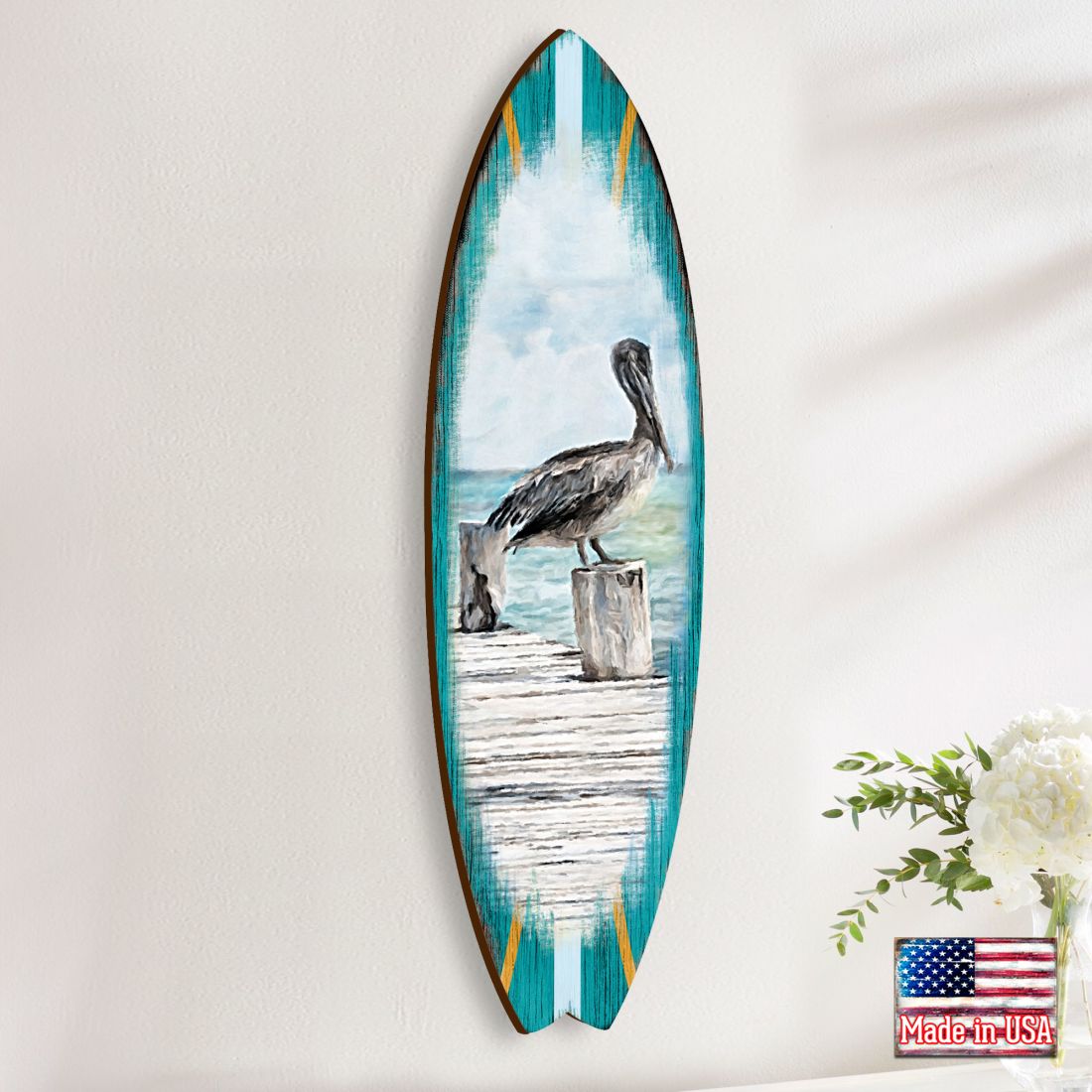 Pelican Surfboard Coastal Door Art by G. DeBrekht - Coastal Sea-Life Decor - 8490107HS