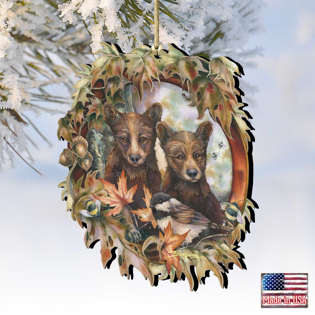 Simple Joys Black Bear Cubs Bees Wooden Ornaments by J. Bergsma - Wildlife Holiday Decor - 8591850-JB