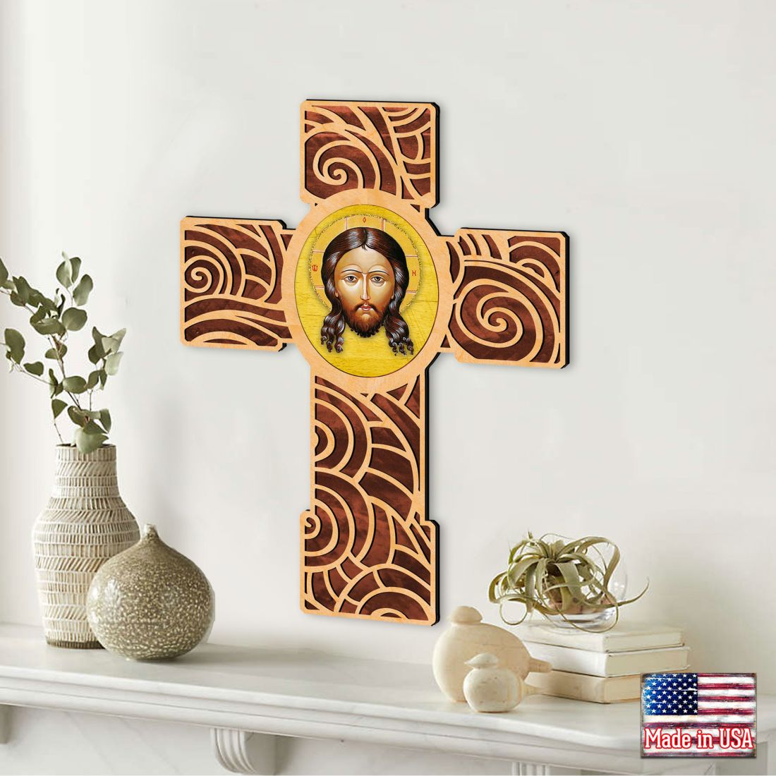 Holy Face Modern Wooden Cross by Museum Icons - Inspirational Icon Decor - 88218