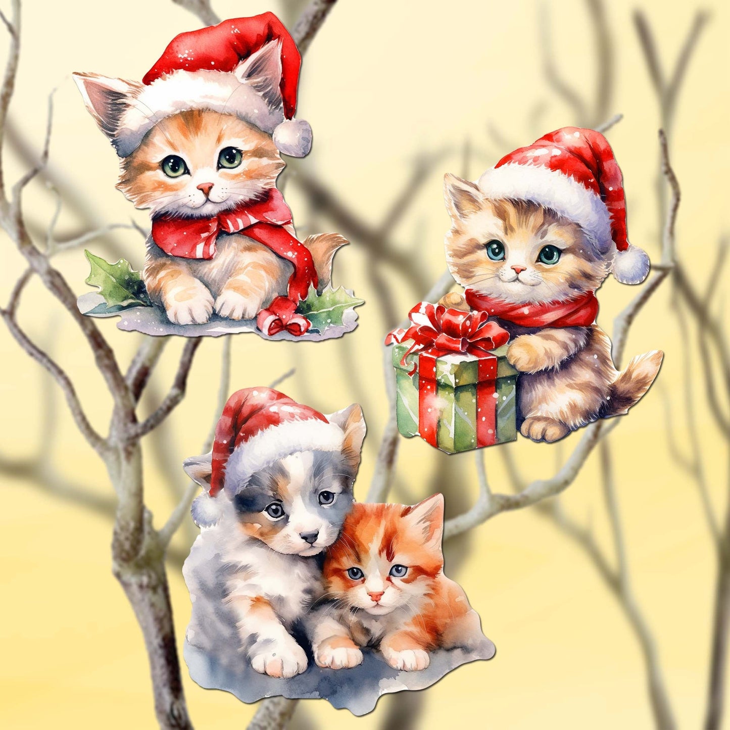 Christmas Cats Decorative Wooden Clip-on Ornaments Set of 3 by G. Debrekht - Christmas Decor - 8091016C-S3