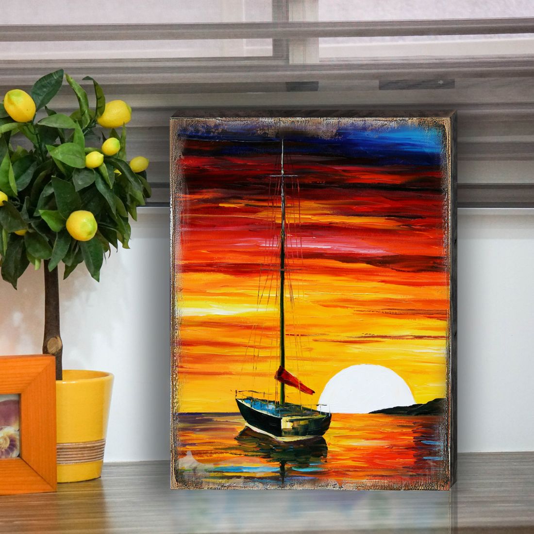 Alberty Sailboat Sunset Wooden Coastal Wall Art by Nature Wonders - Coastal Sea-Life Decor - 95323B