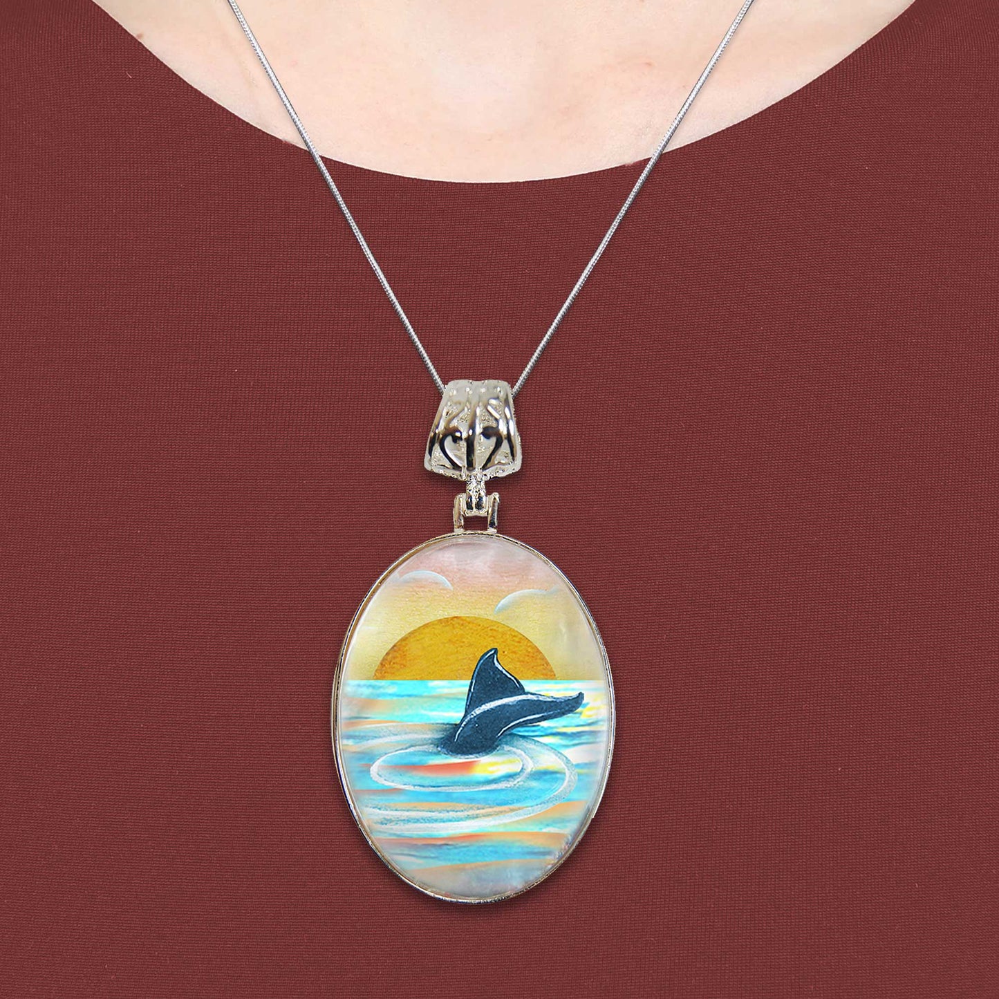 Whale Tale Silver Plated Mother of Pearl Jewelry Pendant Necklace Coastal - 44052