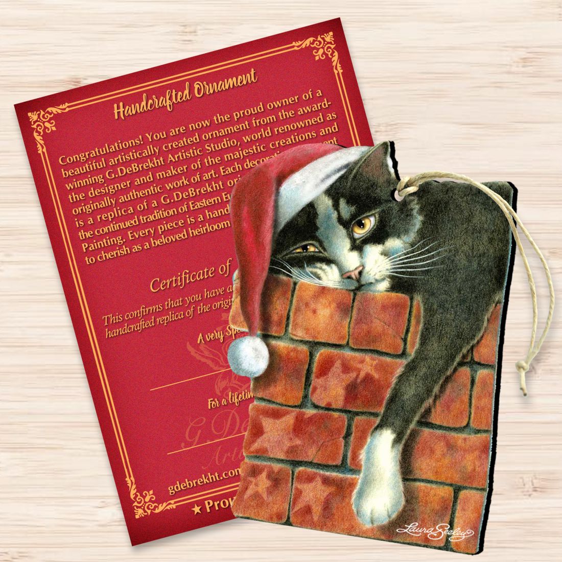 Peeking Tom Santa Cat Wooden Ornaments - Tree Ornament by Laura Seeley - Pets Dog and Cats Decor - 8512062-LS