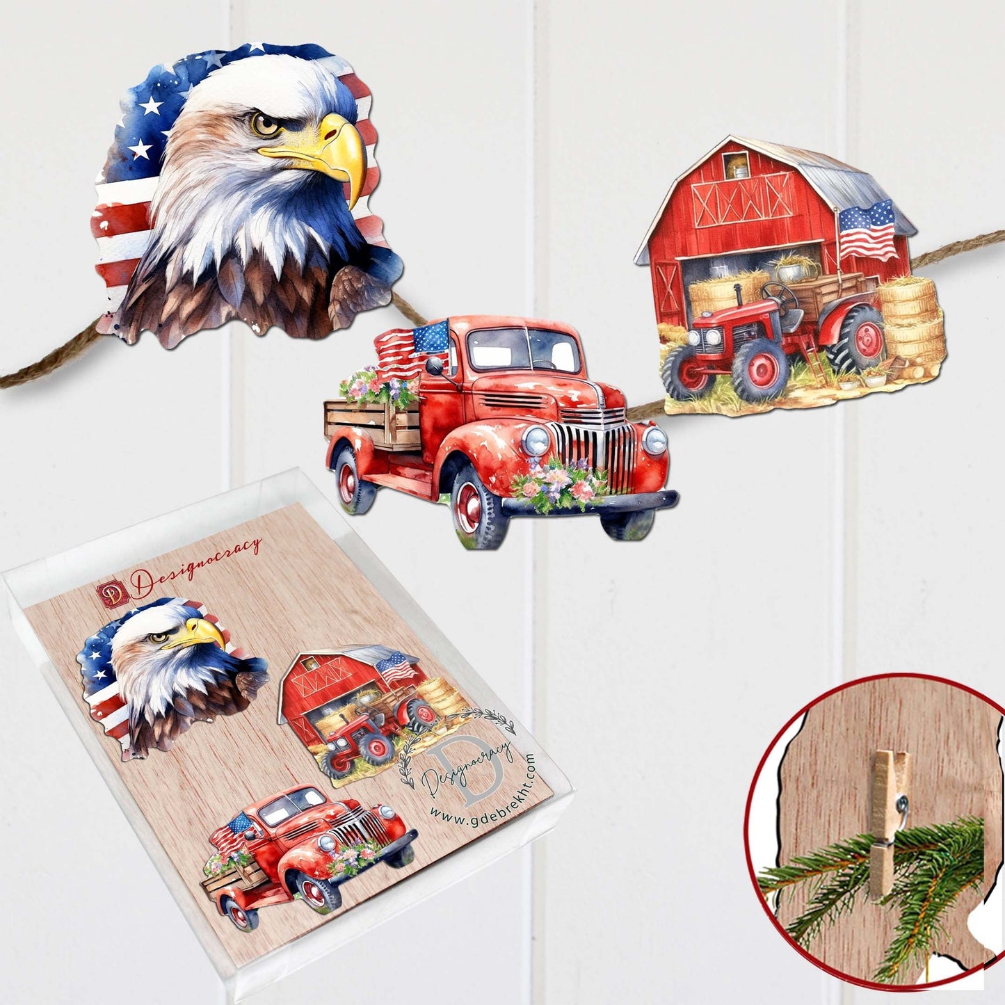 American flag Decorative Wooden Clip-on Ornaments Set of 3 by G. Debrekht - Patriotic Decor - 8091002C-S3