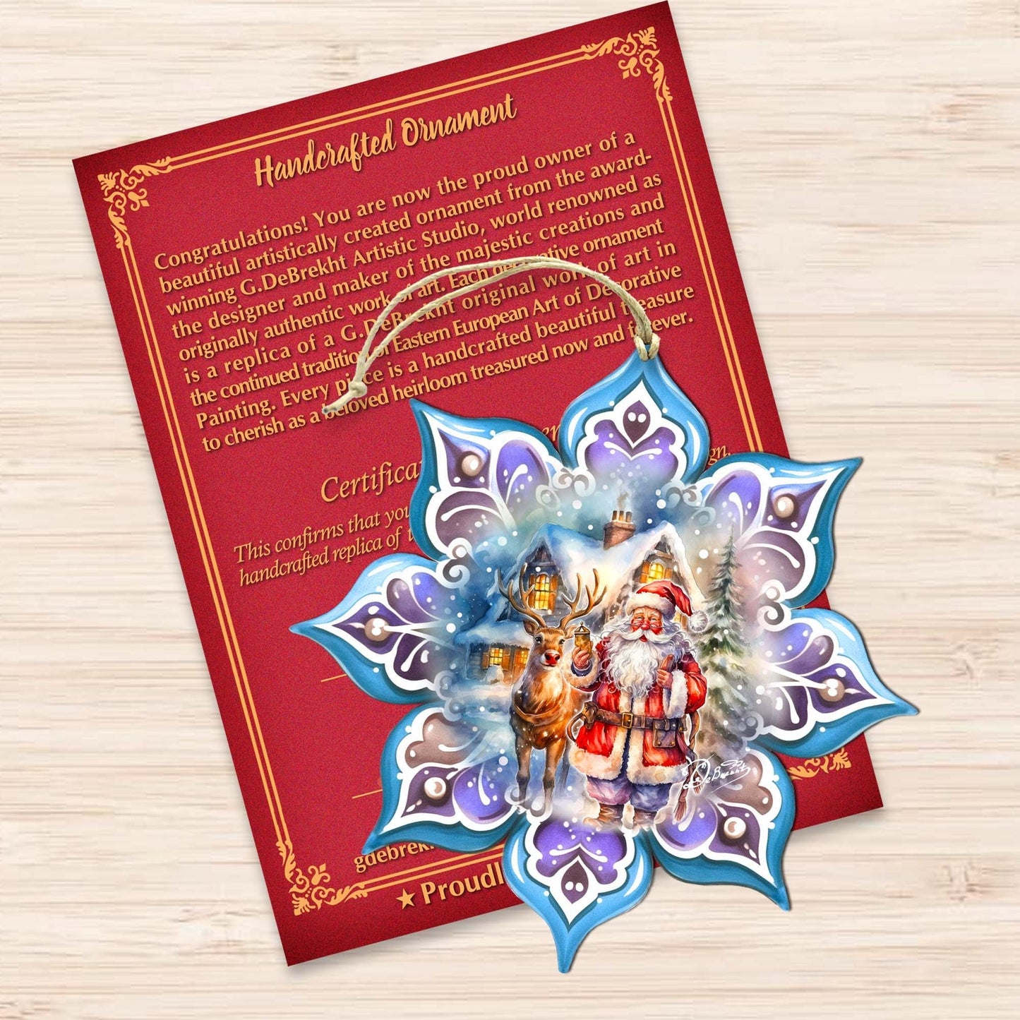 Santa with Reindeer Snowflake Wooden Ornaments by G. Debrekht - Christmas Santa Snowman Decor - 8688405