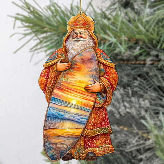 Santa's Tropical Surf Ride Wooden Ornaments by G. Debrekht - Christmas Santa Snowman Decor - 8691413