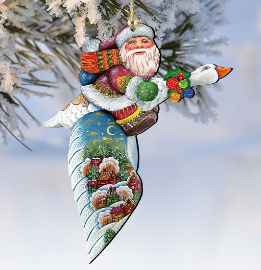 Goose Traveling Santa Wooden Ornaments by G. DeBrekht - Christmas Santa Snowman Decor - 8114060