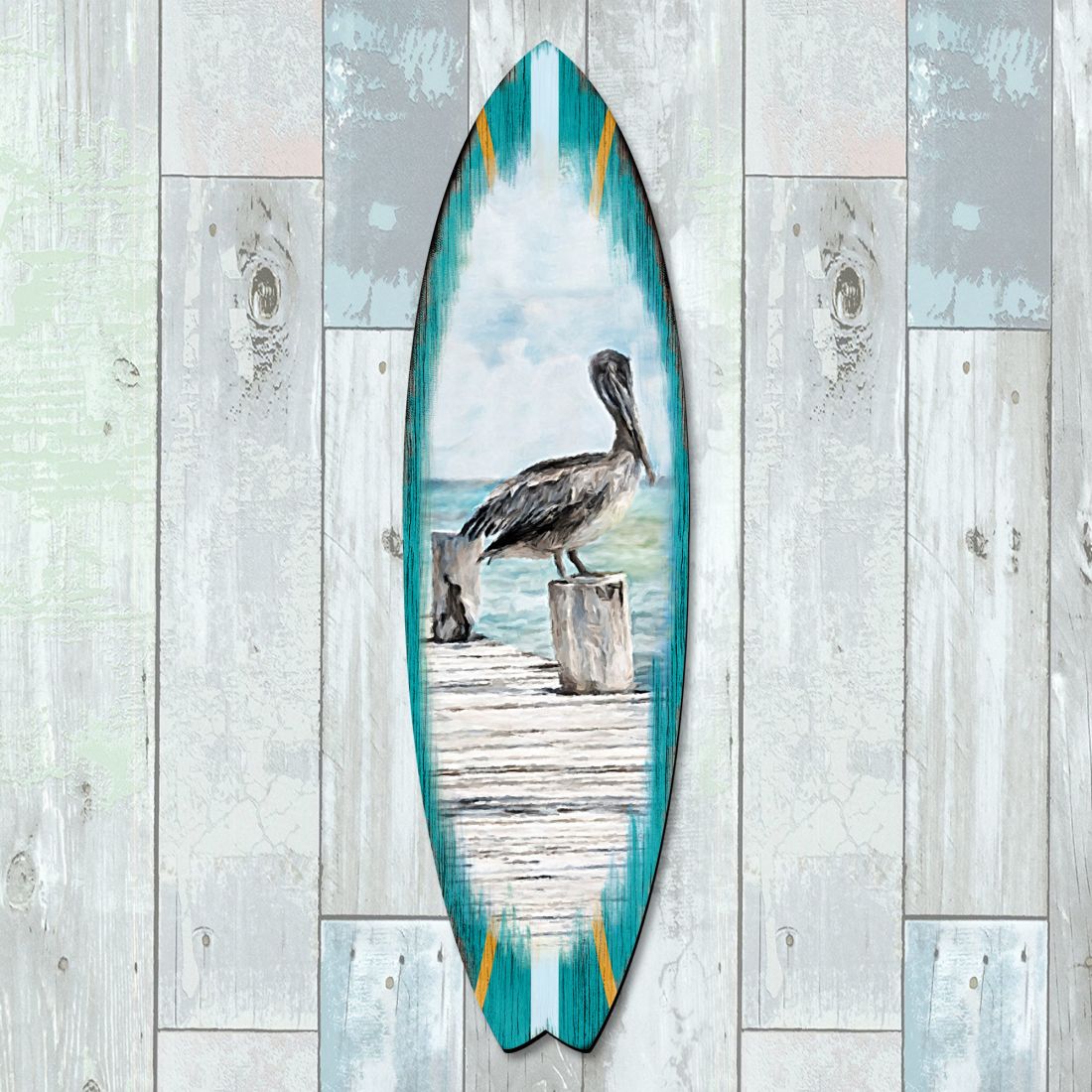 Pelican Surfboard Coastal Door Art by G. DeBrekht - Coastal Sea-Life Decor - 8490107HS