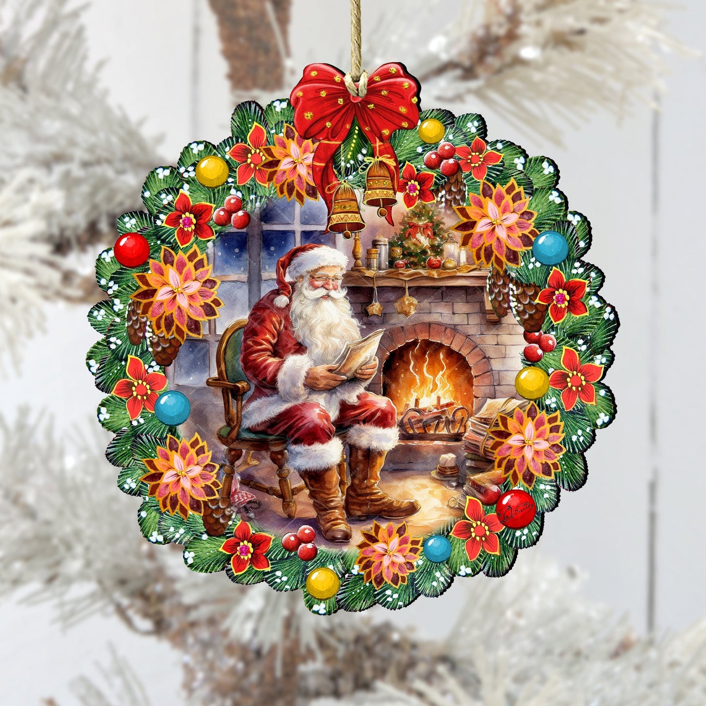 Santa at the Fireplace Wreath Wooden Ornaments by G. Debrekht Christmas Santa Snowman Decor - 8611089-2