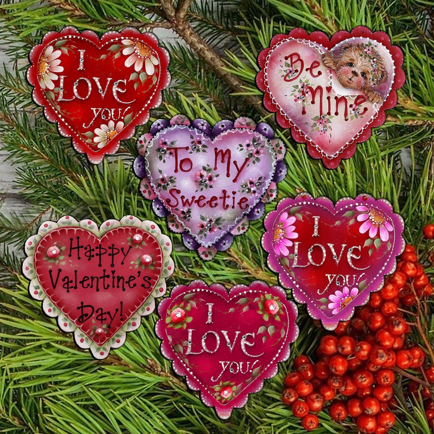 Hearts of Love Decorative Wooden Clip-on Ornaments Set of 6 - Family Love Decor - 8090128C-S6