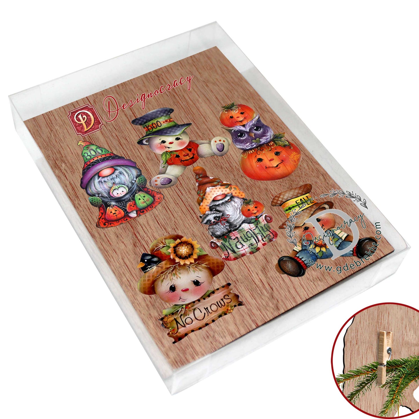 Hello Fall - Pumkin, Scarecrow, Gnome Decorative Wooden Clip-on Ornaments Set of 6 by Jamie Mills-Price - Thanksgiving Decor - 8090047C-MP-S6