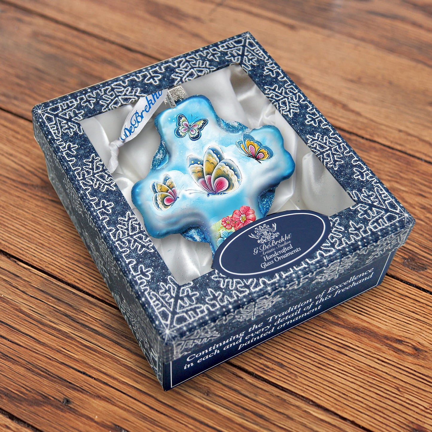 Blue Butterflies Cross Glass Ornament by G. DeBrekht - Nativity Holiday Decor - 758-003