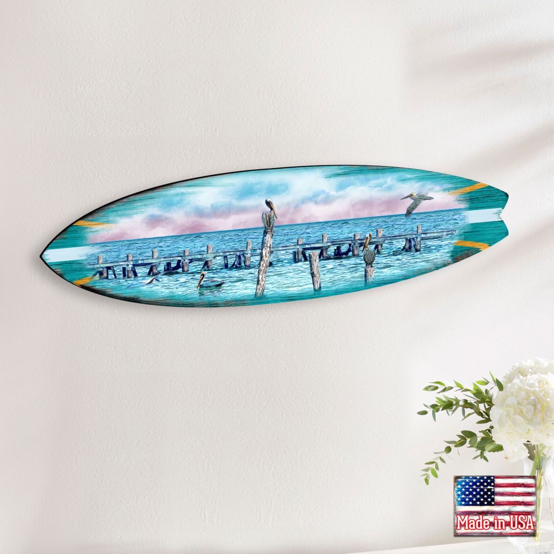 Seabirds Pelicans Surfboard Coastal Door Art by G. DeBrekht - Coastal Sea-Life Decor - 8490106HS