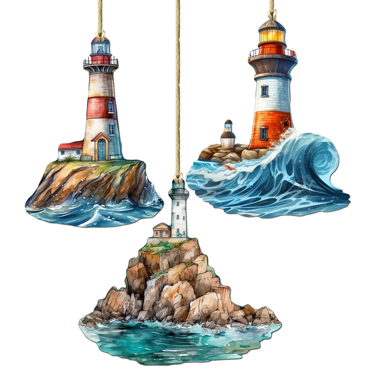 Lighthouse Decorative Wooden Ornaments Set of 3 by G. Debrekht - Coastal Decor - 8091022-S3