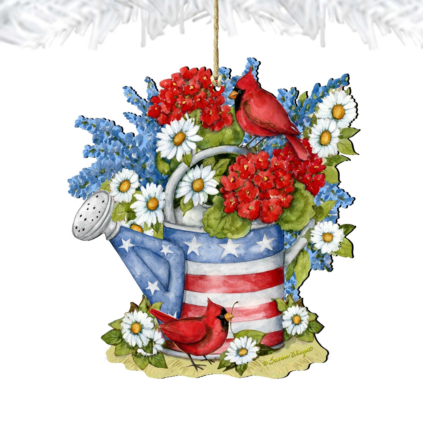 Patriotic Decoration American Watering Can - Flowerpot Ornament - Handmade Gift Rustic Adornment - Wooden Ornament by Susan Winget - 8471212-SW