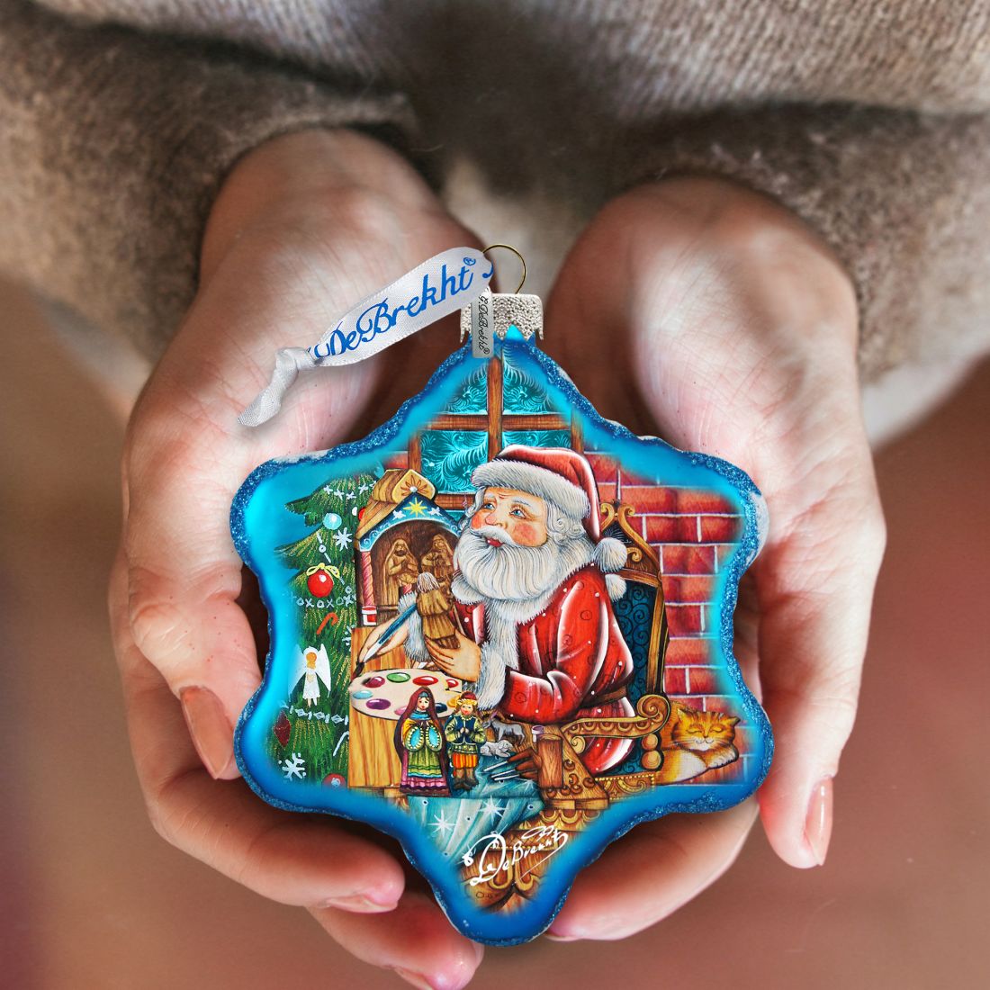 Nativity Workshop Snowflake Glass Ornament by G. DeBrekht - Christmas Santa Snowman Decor - 754-003