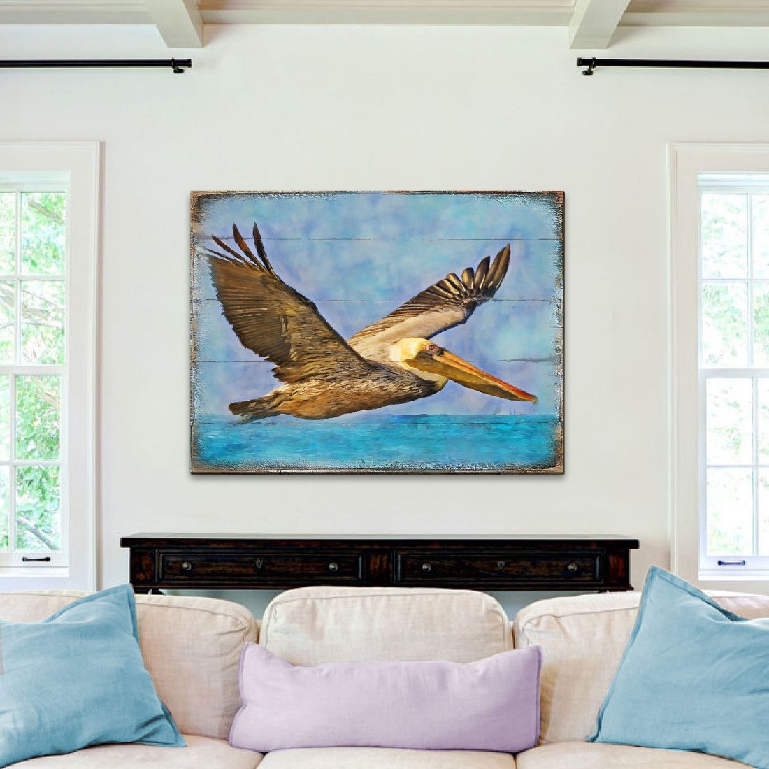 Flying Pelican Wooden Coastal Wall Art by Nature Wonders - Coastal Sea-Life Decor - 95387B