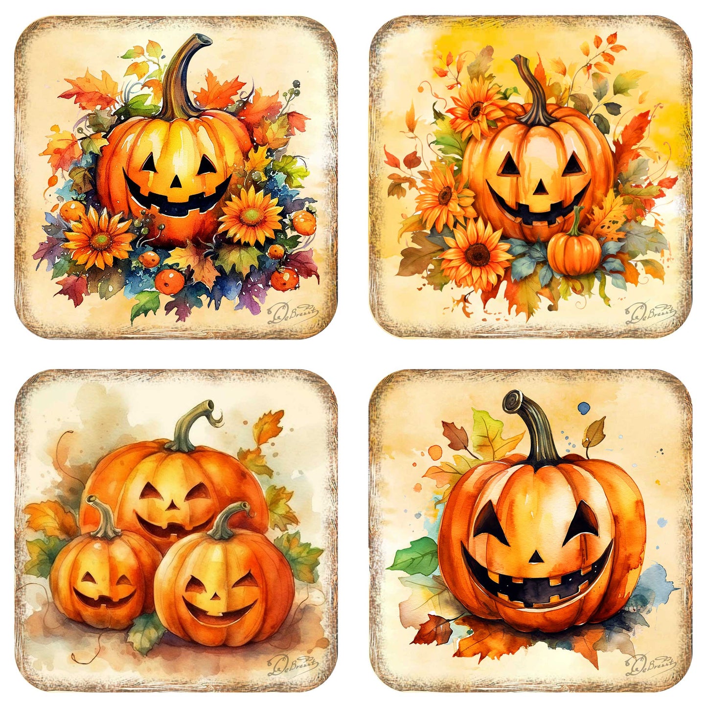 Halloween Pumpkin Wooden Cork Coasters Gift Set of 4 by G. Debrekht - Thanksgiving Decor  - 8199448C-S4