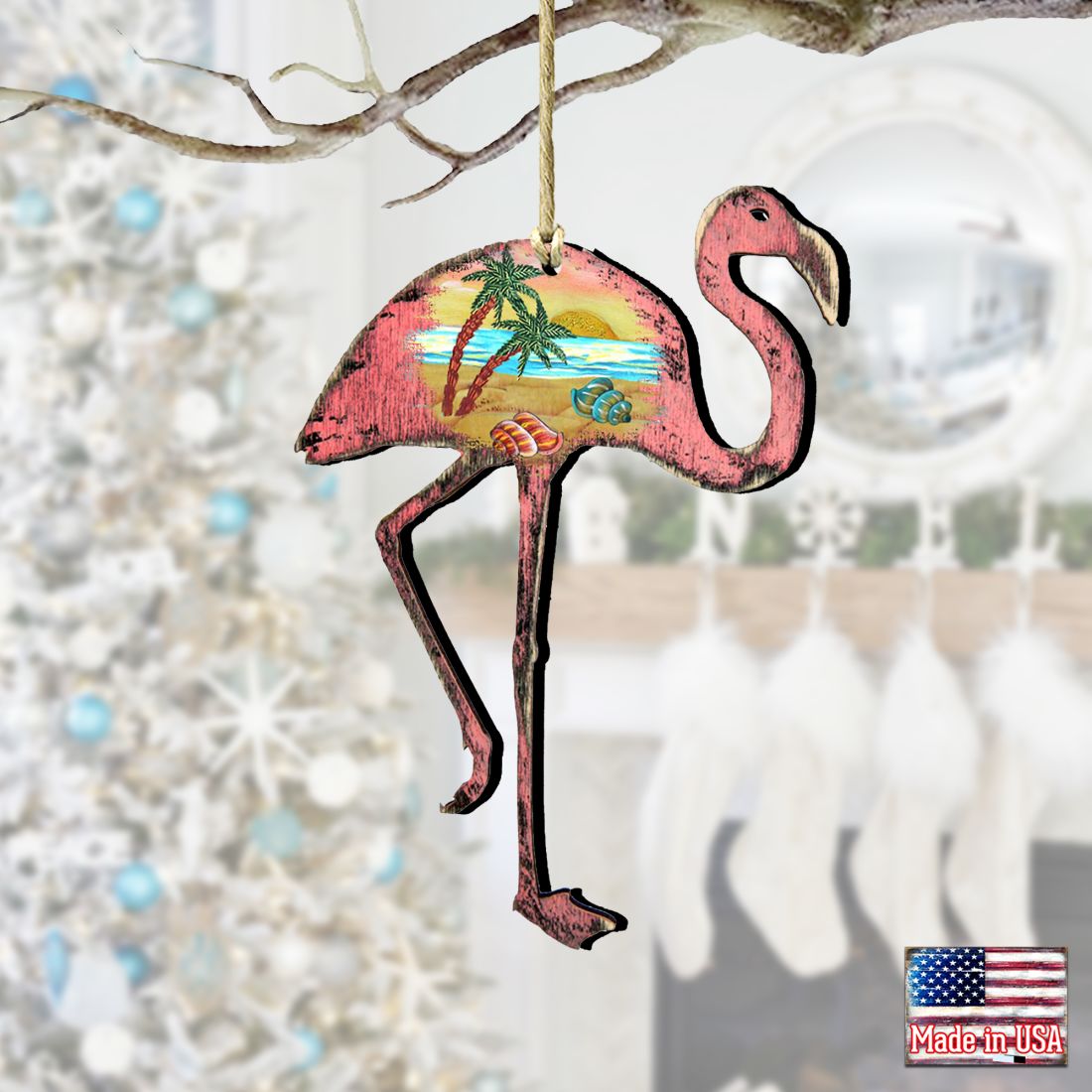 Rustic Flamingo Wooden Ornaments by G. DeBrekht - Coastal Holiday Decor - 8198544