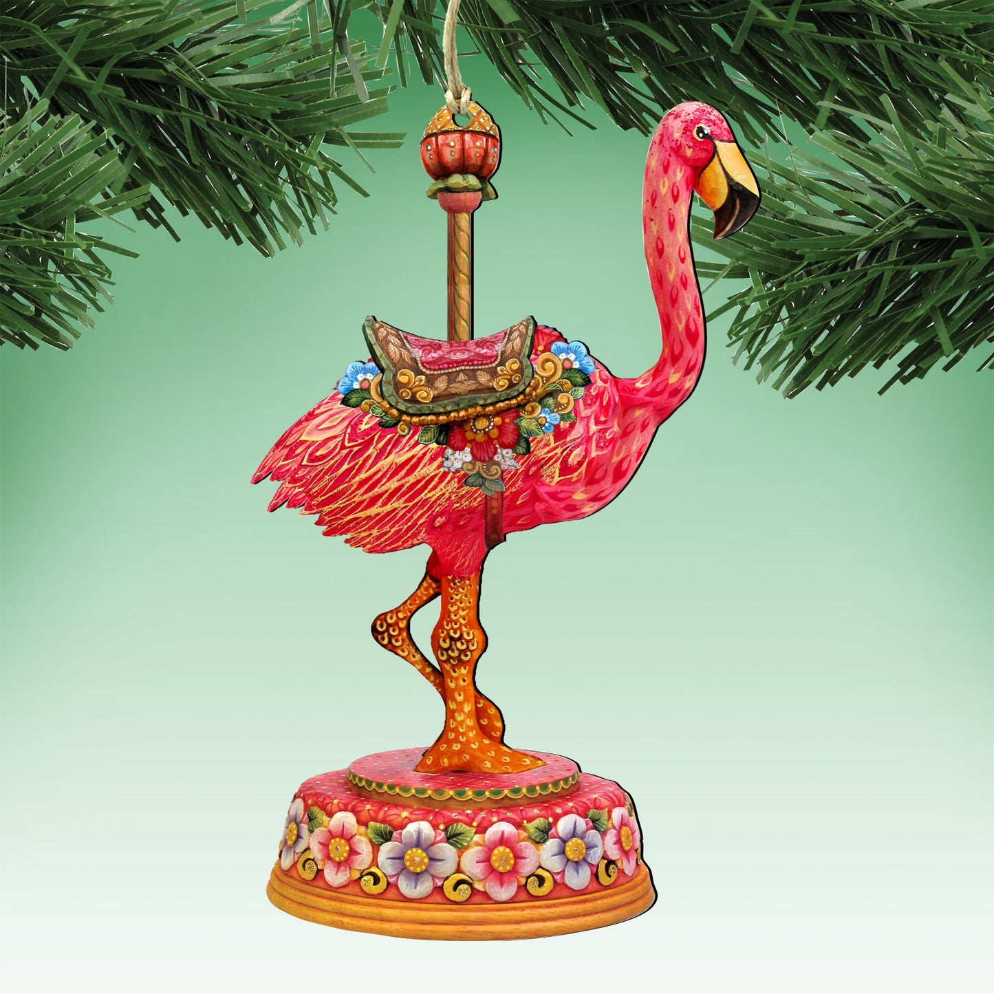 Carousel Wooden Ornaments Rooster, Goose, Flamingo Set of 3 by G. DeBrekht - Christmas Decor - 8100088S3