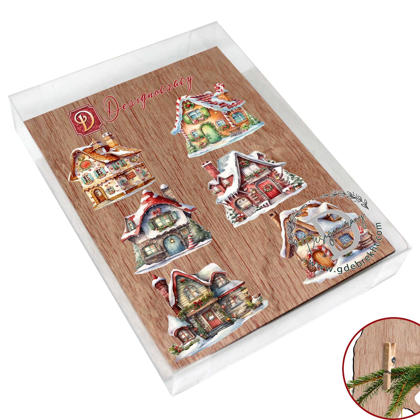 Christmas Houses Decorative Wooden Clip-on Ornaments Set of 6 by G. Debrekht - Christmas Decor - 8090024C-S6
