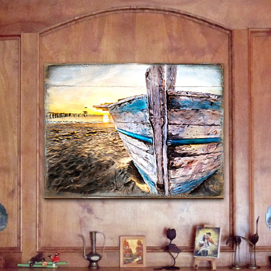Boat on Shore Wood Wooden Coastal Wall Art by Nature Wonders - Coastal Sea-Life Decor - 95249B