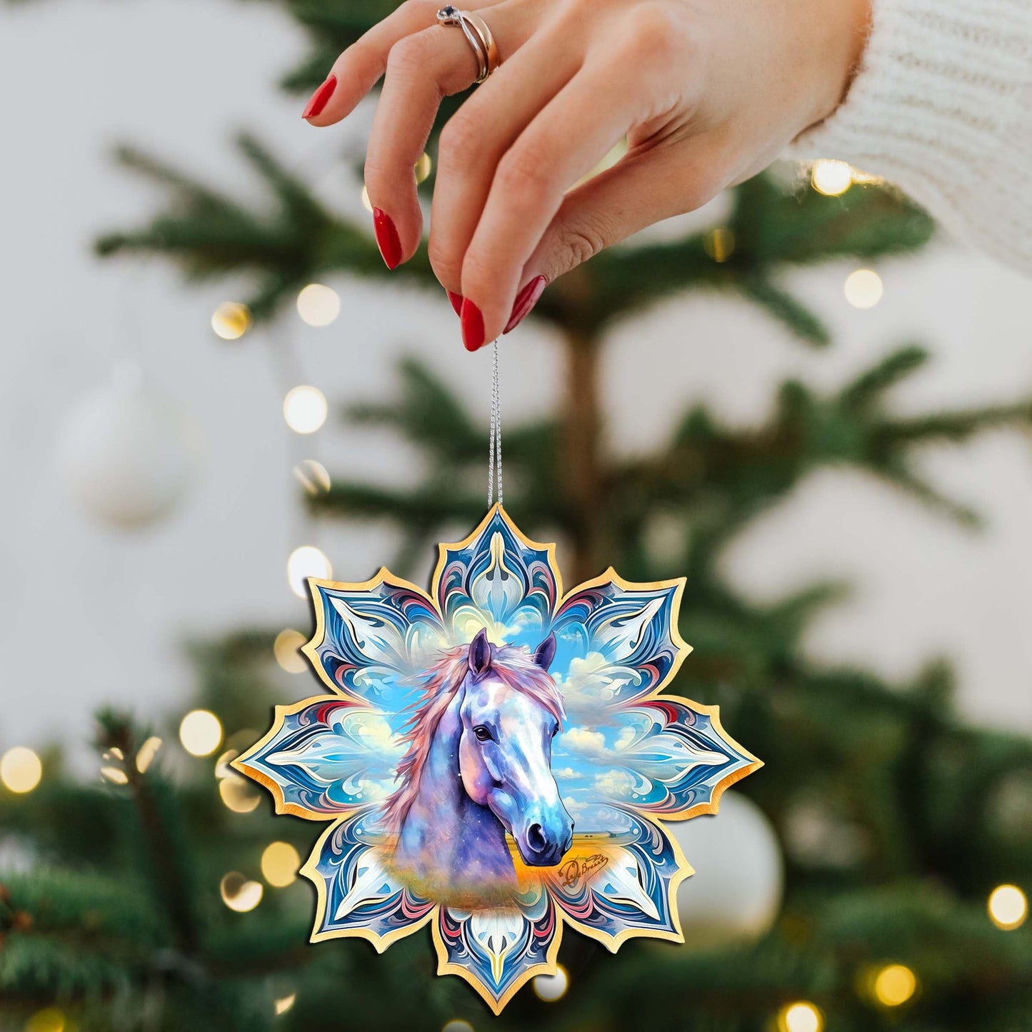 Horses Snowflake Wooden Ornaments Set of 3 by G. Debrekht - Nature Wildlife Decor - 8090151-S3