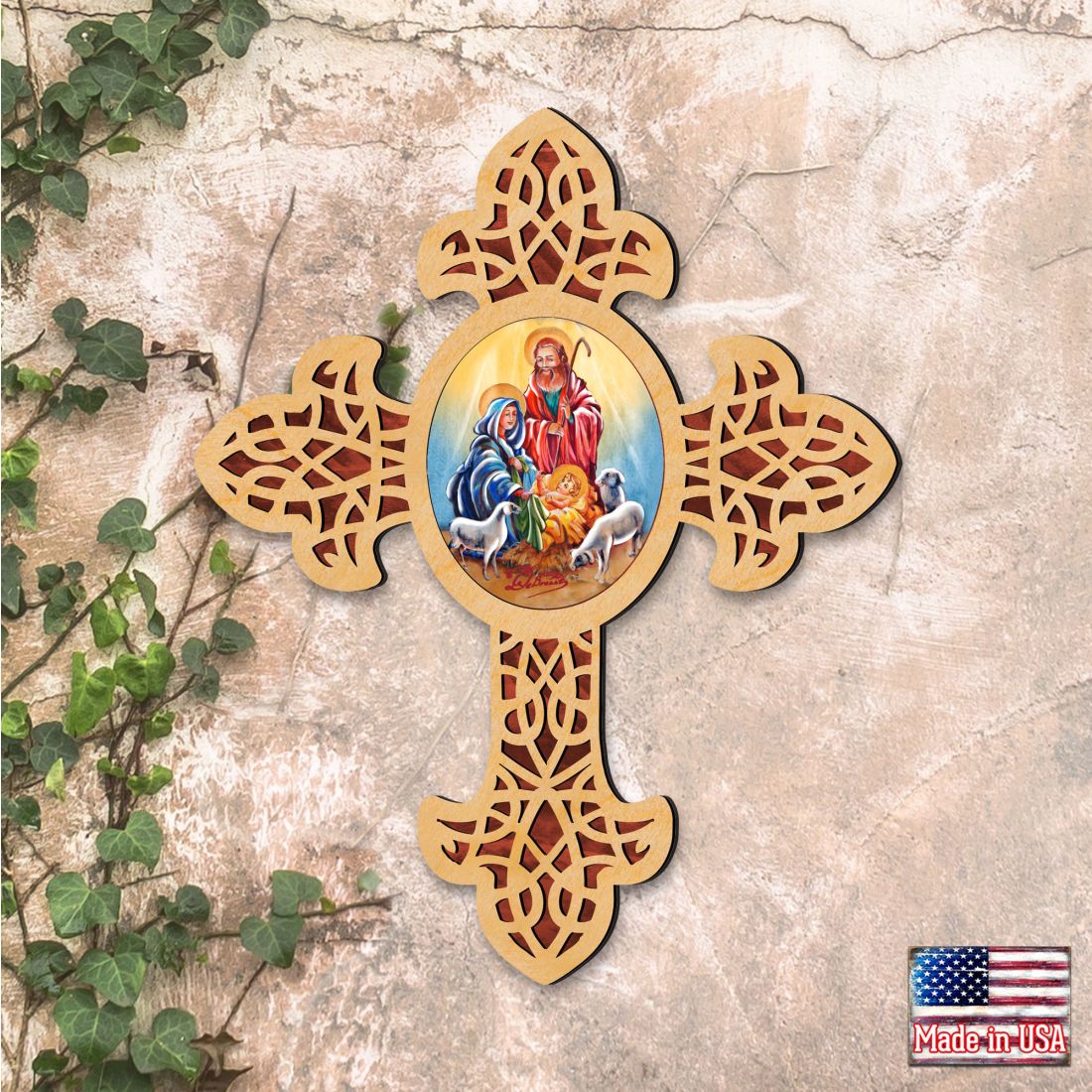 Holy Family Pointy Wooden Cross by Museum Icons - Inspirational Icon Decor - 88350