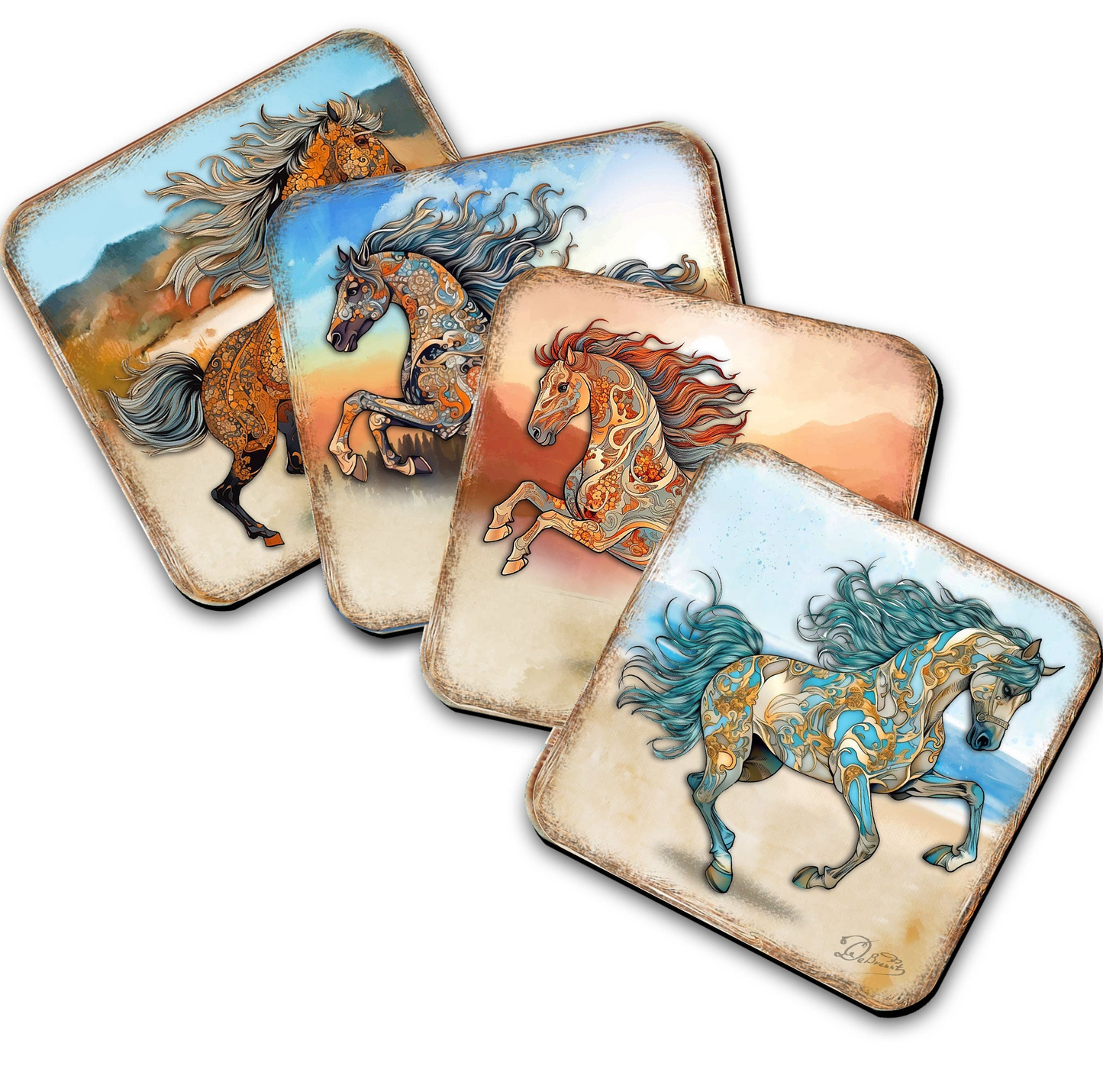Horses Wooden Cork Coasters Gift Set of 4 by G. Debrekht - Wildlife Decor  - 8199444C-S4