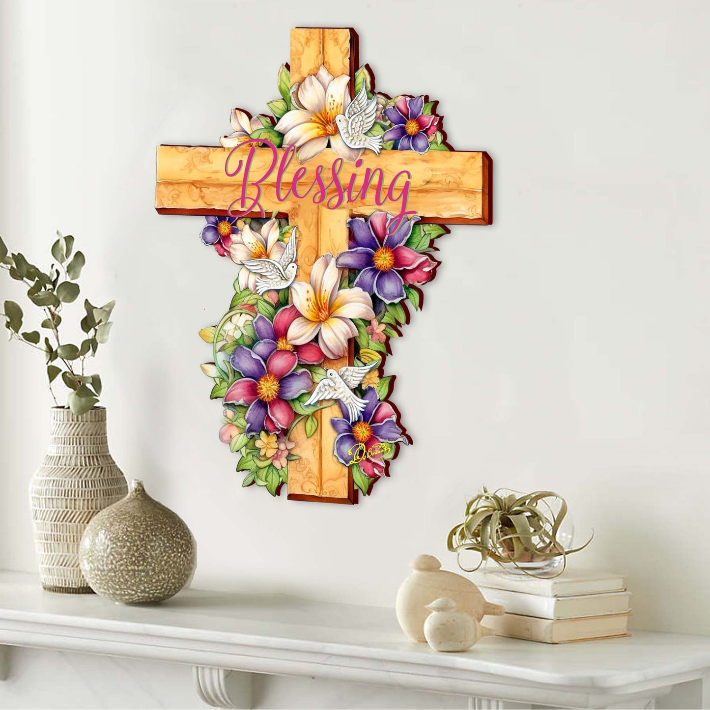 Floral Dove Blessing Wooden Cross by G. Debrekht - Easter Spring Decor - 88163