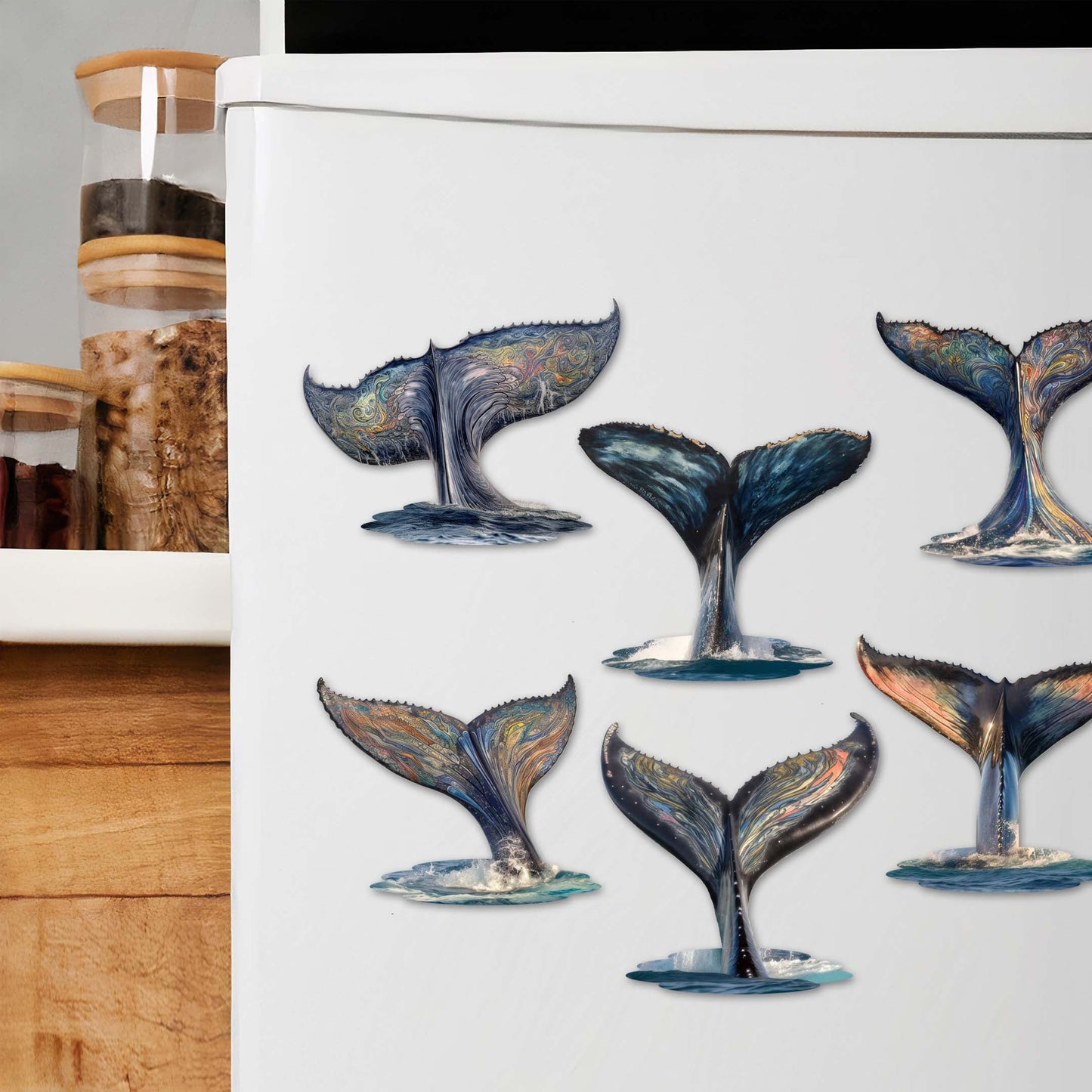 Vibrant Whale Stories Decorative Wooden Magnets Set of 6 by G. Debrekht - Wildlife Coastal Decor - 8090104G-S6