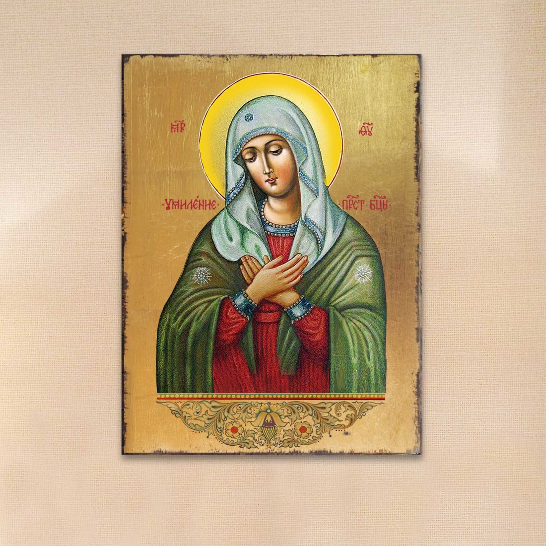 Tenderness Mother of God Wooden Gold Plated Religious Orthodox Sacred Icon - Inspirational Icon Decor - 85012