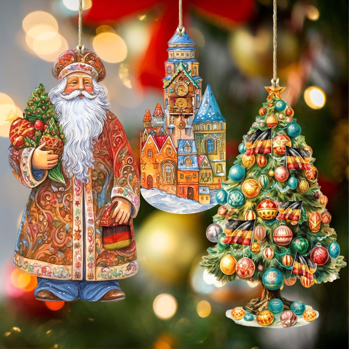 Santas Around the World - German Inspired Santa - Wooden Ornaments Set of 3 by G. DeBrekht Christmas Santa Snowman Decor - 8091304S3