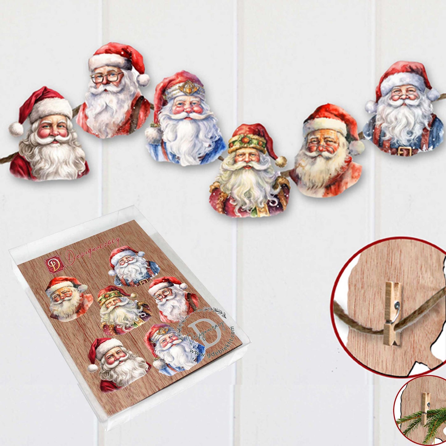 Jolly Santa Faces Decorative Wooden Clip-on Ornaments Set of 6 by G. Debrekht - Christmas Decor - 8090045C-S6