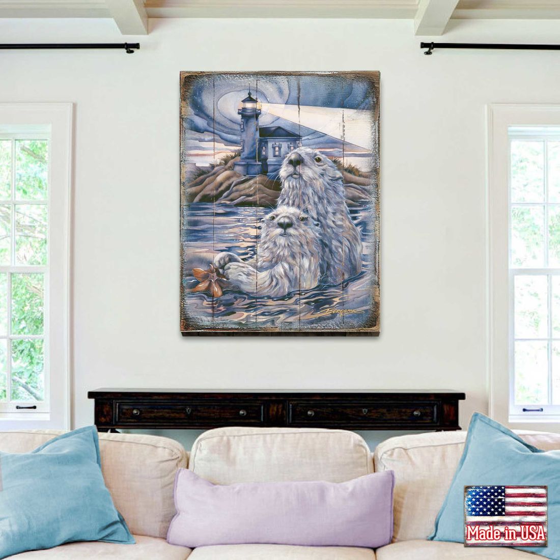 Starlight Otter Lighthouse Wooden Wall Art by J. Bergsma - Nature Wildlife Decor  - 8592572BP-JB