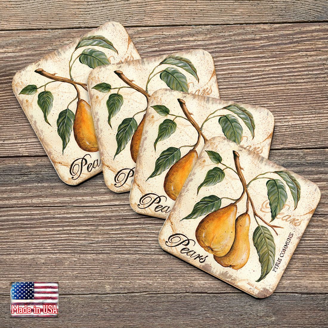 Pears Wooden Cork Coasters Gift Set of 4 by Nature Wonders - Nature Wildlife Decor  - 8198631C-S4