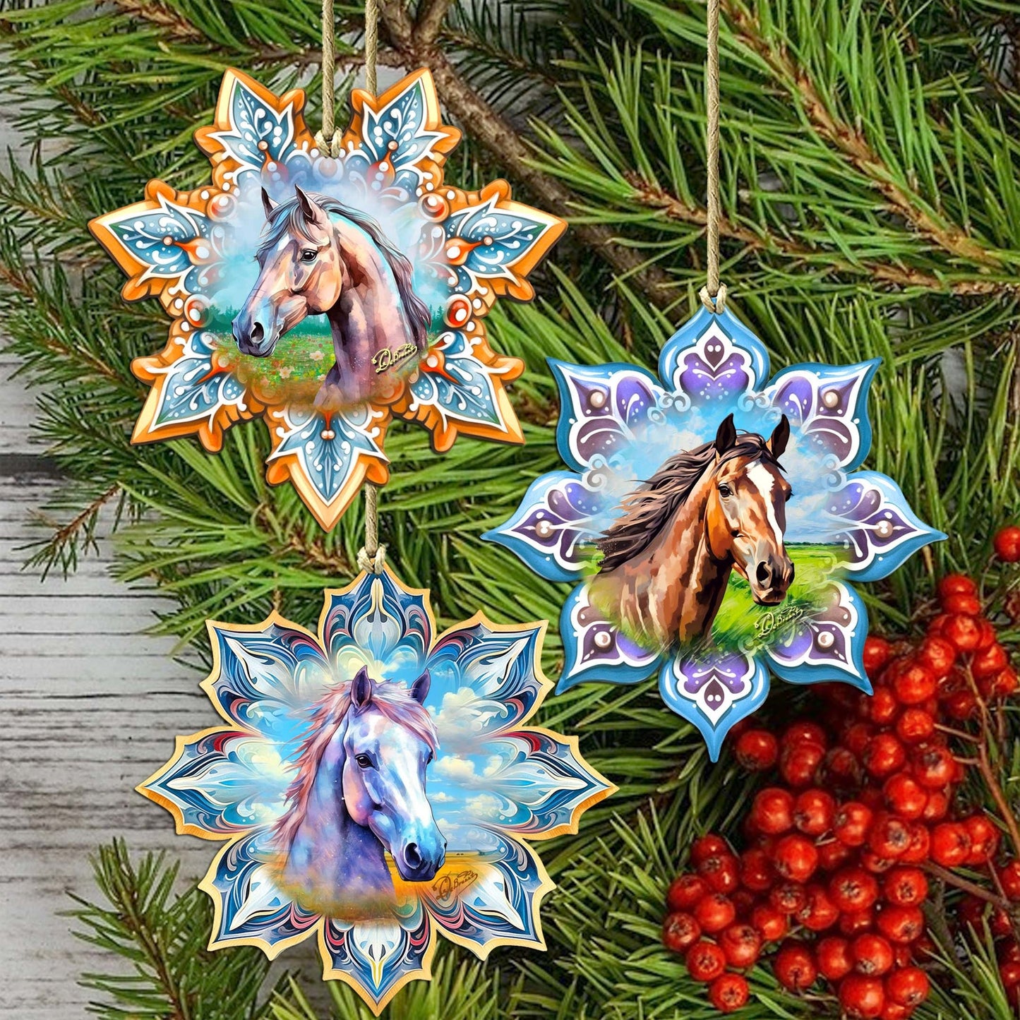 Horses Snowflake Wooden Ornaments Set of 3 by G. Debrekht - Nature Wildlife Decor - 8090151-S3