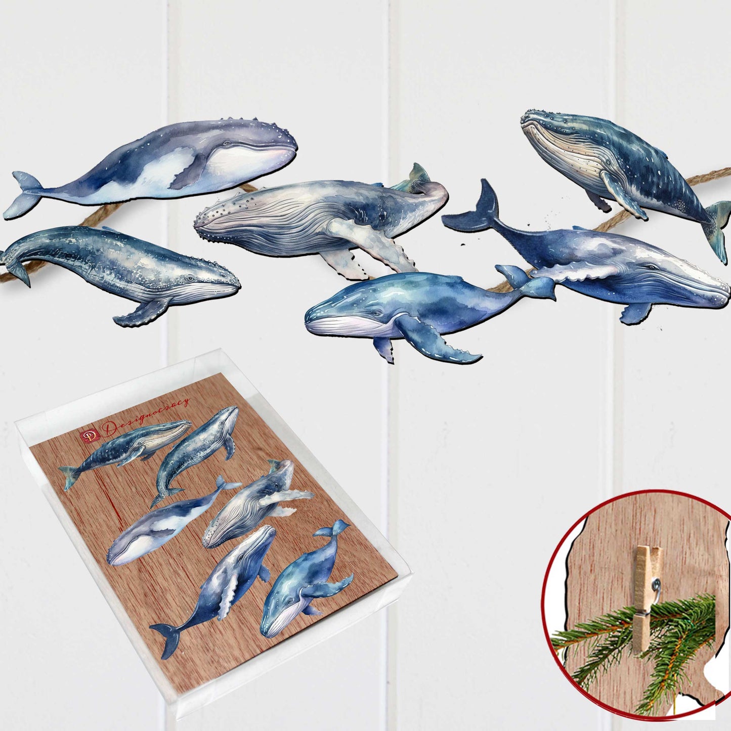 Coastal Giants Humpback Whales Decorative Wooden Clip-on Ornaments Set of 6 by G. Debrekht - Wildlife Decor - 8090103C-S6