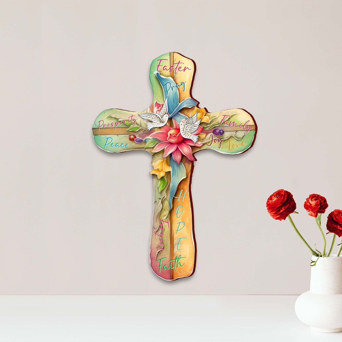 Easter Wooden Cross with Doves by G. Debrekht - Easter Spring Decor - 88167
