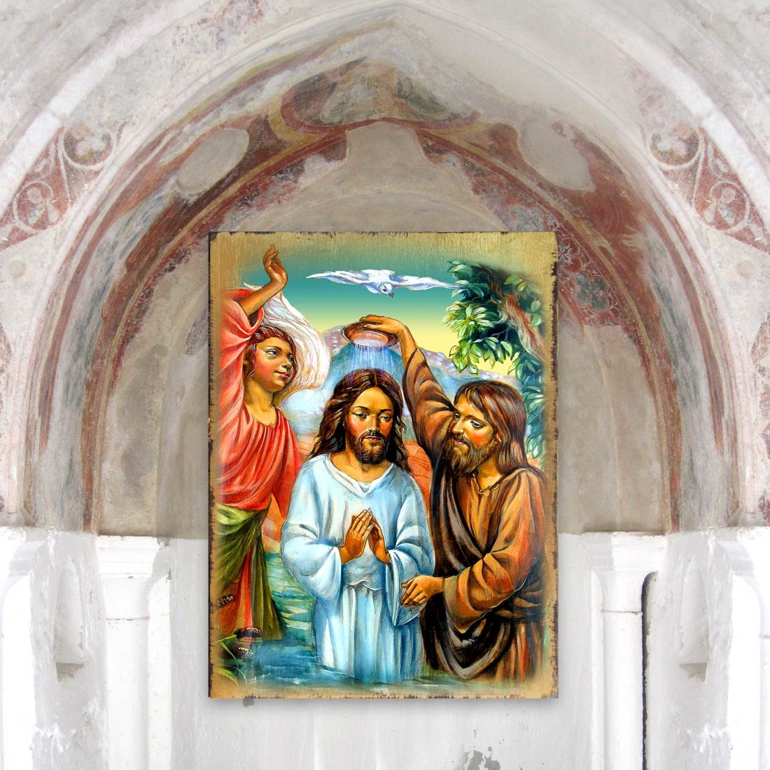 Christening Wooden Gold Plated Religious Christian Sacred Icon - Inspirational Icon Decor - 85043