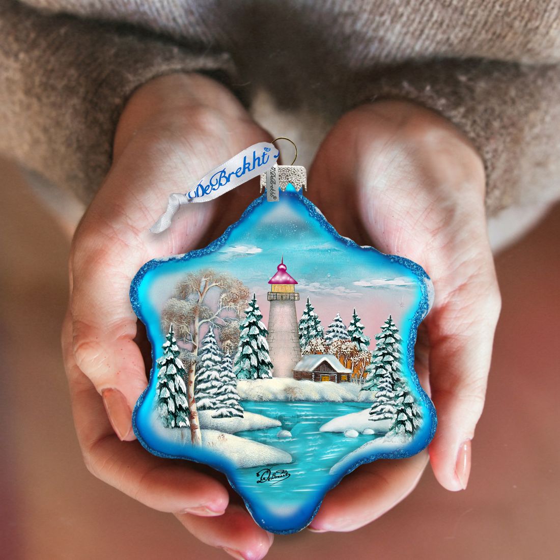 Lighthouse Snowflake Glass Ornament by G. DeBrekht - Coastal Holiday Decor - 754-007