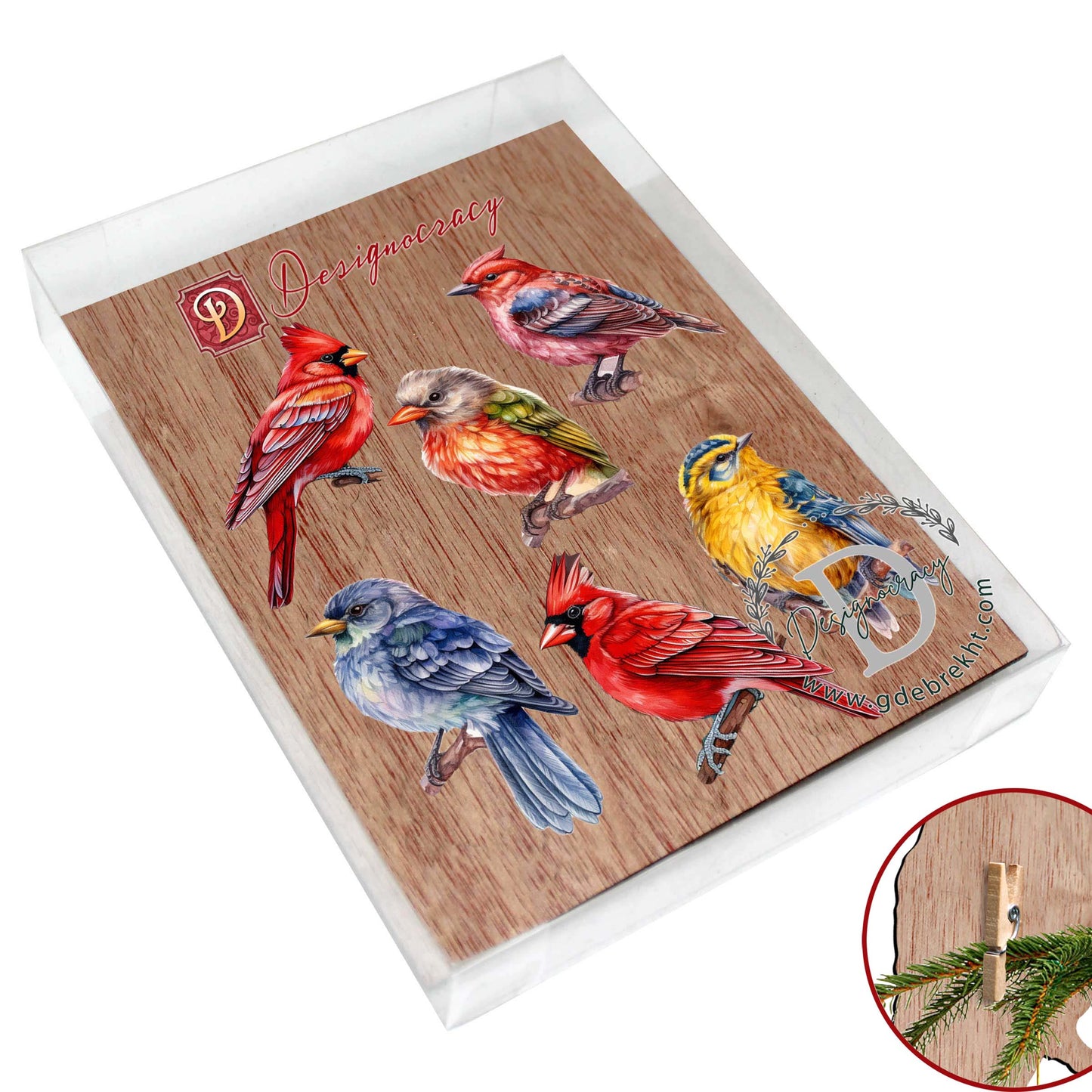 Winter Birds Decorative Wooden Clip-on Ornaments of 6 by G. Debrekht - Christmas Decor - 8090005C-S6