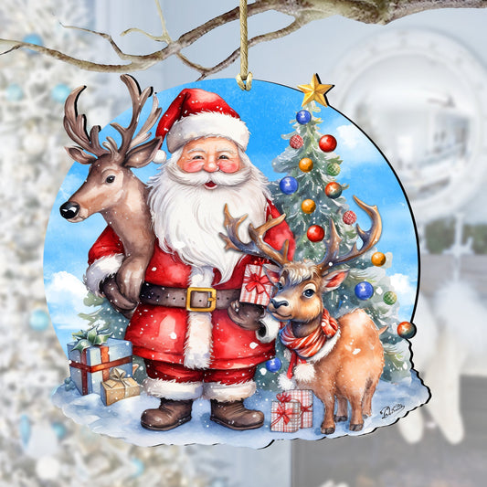 Santa with Reindeer Wooden Ornaments by G. Debrekht Christmas Santa Snowman Decor - 8611032