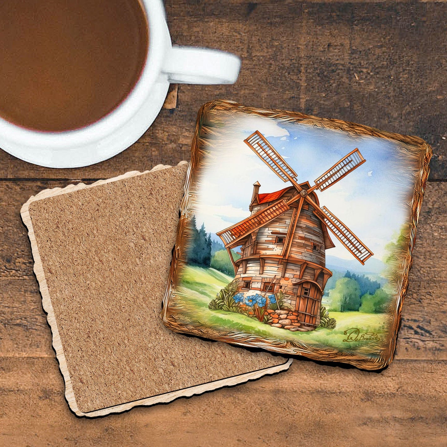 Windmills Wooden Cork Coasters Gift Set of 4 by Nature Wonders - Nature Wildlife Decor  - 95406C-S4