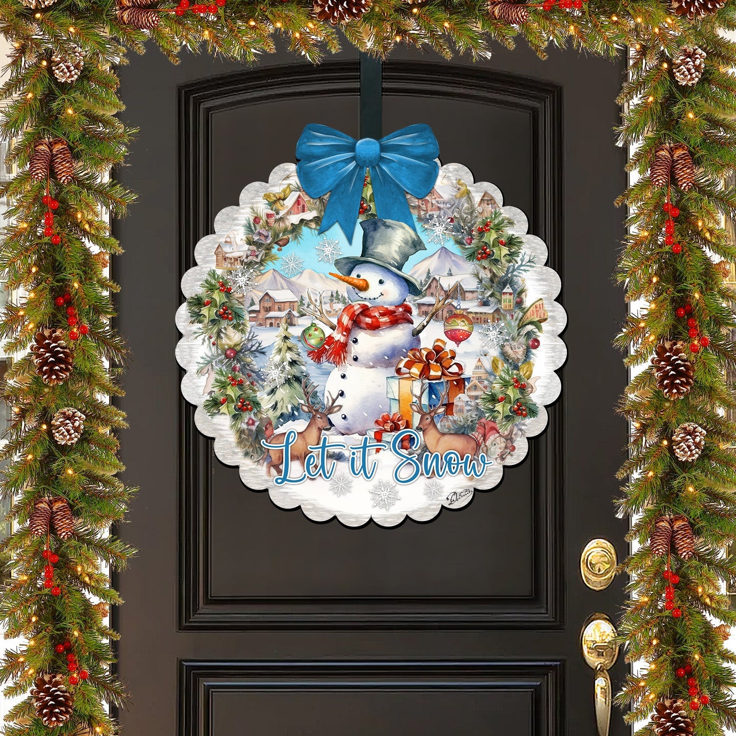 Let It Snow Front Door Welcome Sign, Wooden Front Porch Decor by G. Debrekht Christmas Santa Snowman Decor - 933122H