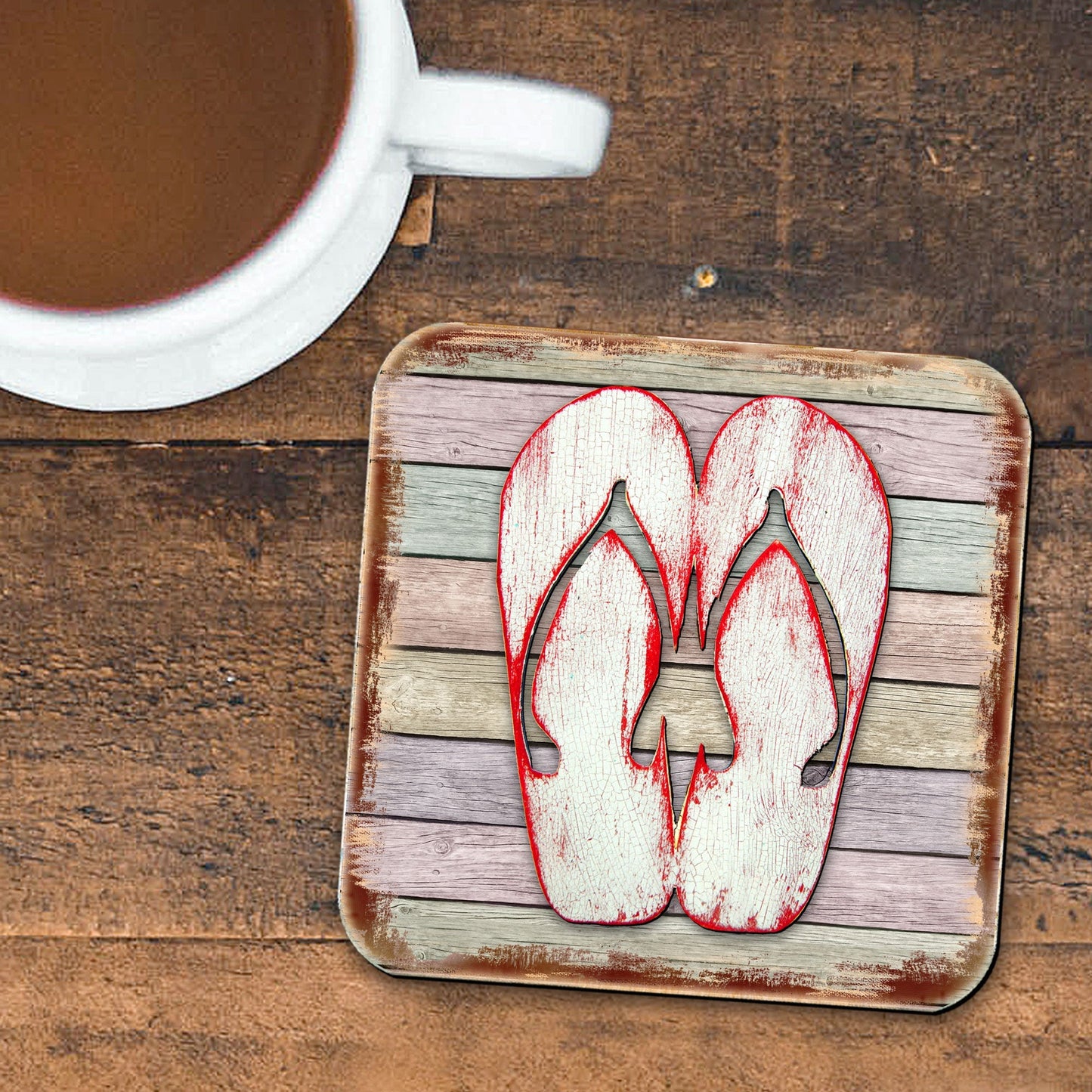 Flip Flops Coastal Wooden Cork Coasters Gift Set of 4 by Nature Wonders - Coastal Sea-Life Decor - 8198523-9C-S4