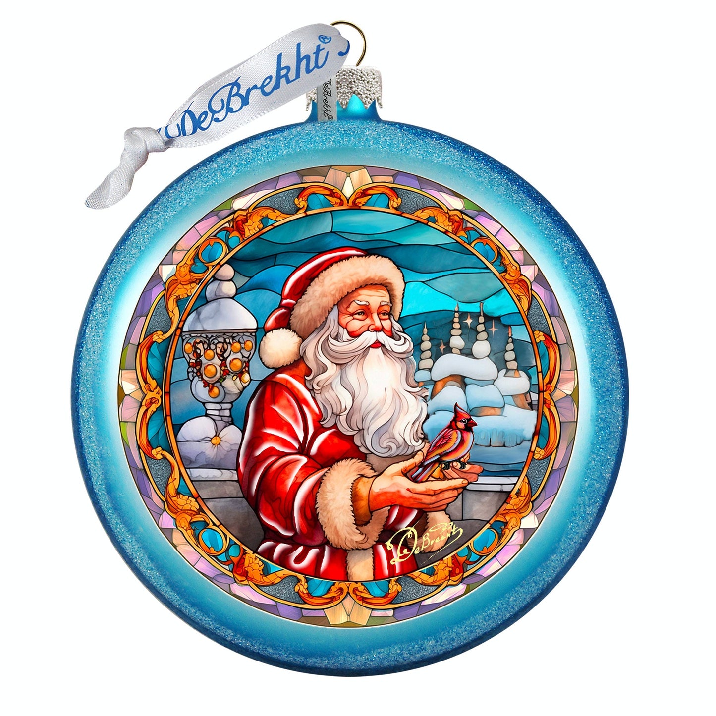 Santa's Red-feathered Friend Glass Ornament by G. DeBrekht - Christmas Santa Snowman Decor - 744-046