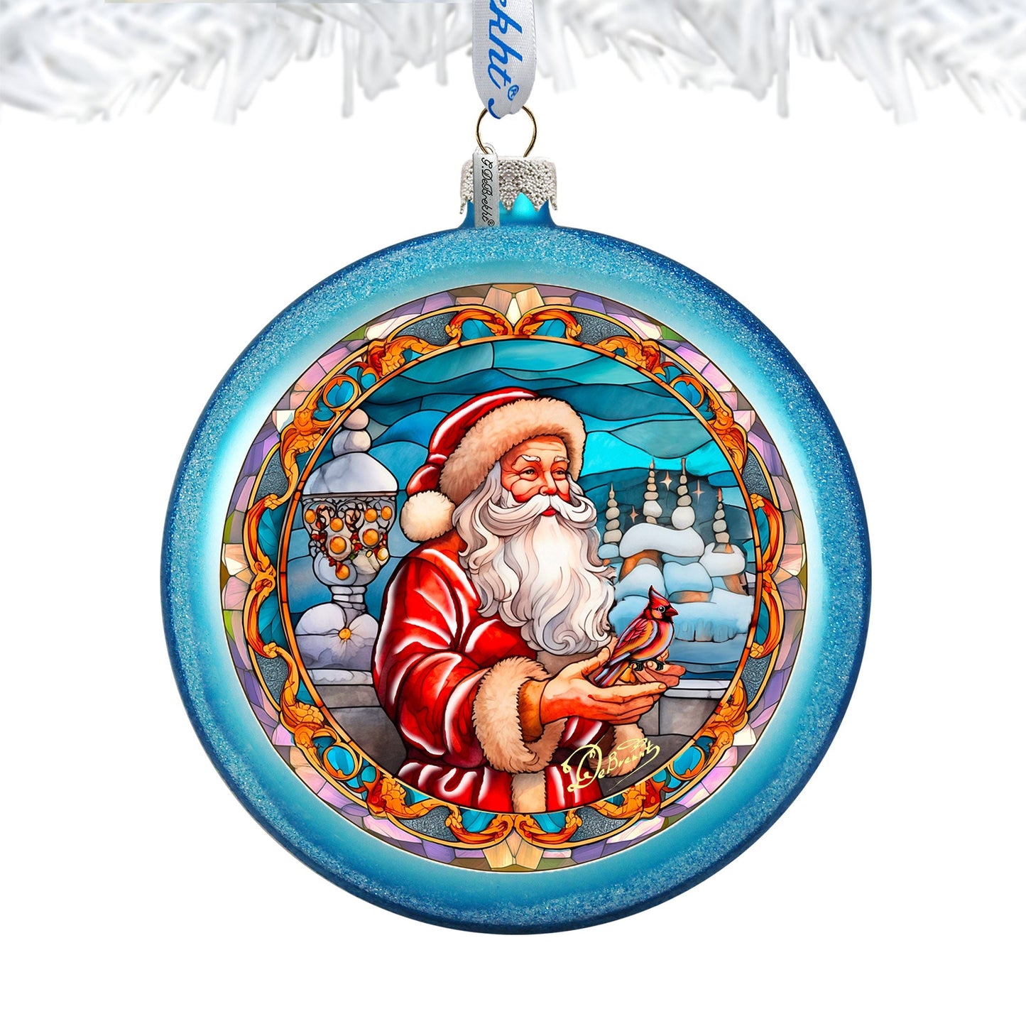 Santa's Red-feathered Friend Glass Ornament by G. DeBrekht - Christmas Santa Snowman Decor - 744-046