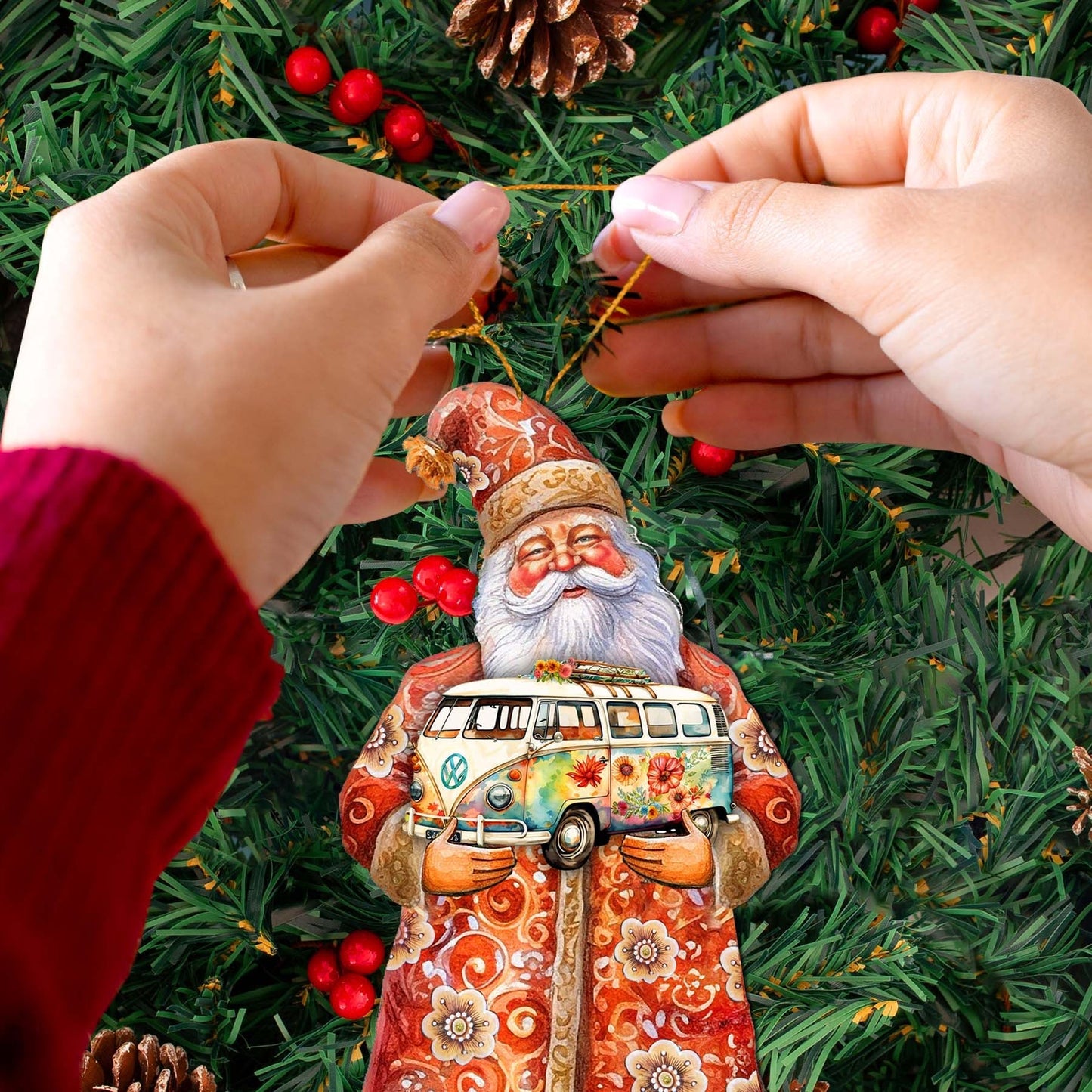 Santa with Van Wooden Ornaments by G. Debrekht - Christmas Santa Snowman Decor - 8691407