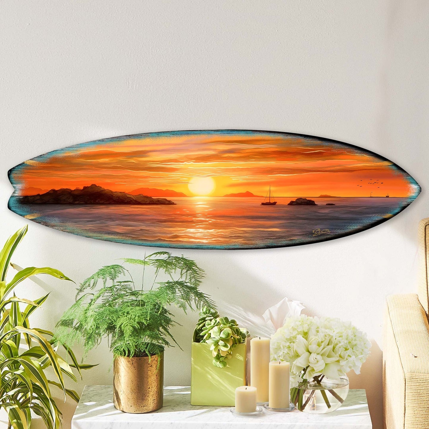 Sunset Symphony Surfboard Coastal Wall Art by G. DeBrekht - Coastal Holiday Decor - 8490133HS